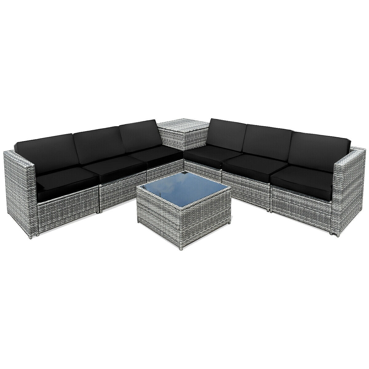 8 Piece Wicker Sofa Rattan Dinning Set Patio Furniture with Storage Table-Red