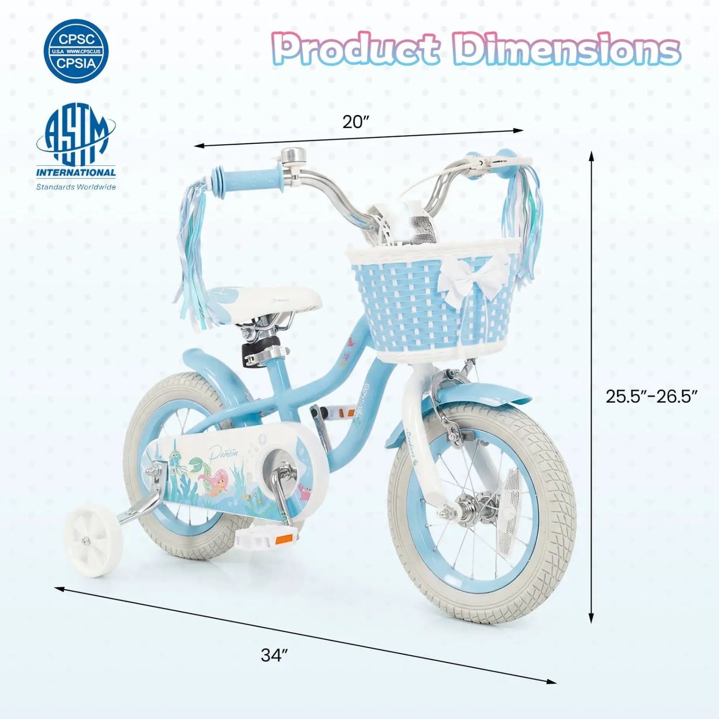 Kids Mermaid Bike 12 to 20 Training Wheels Basket