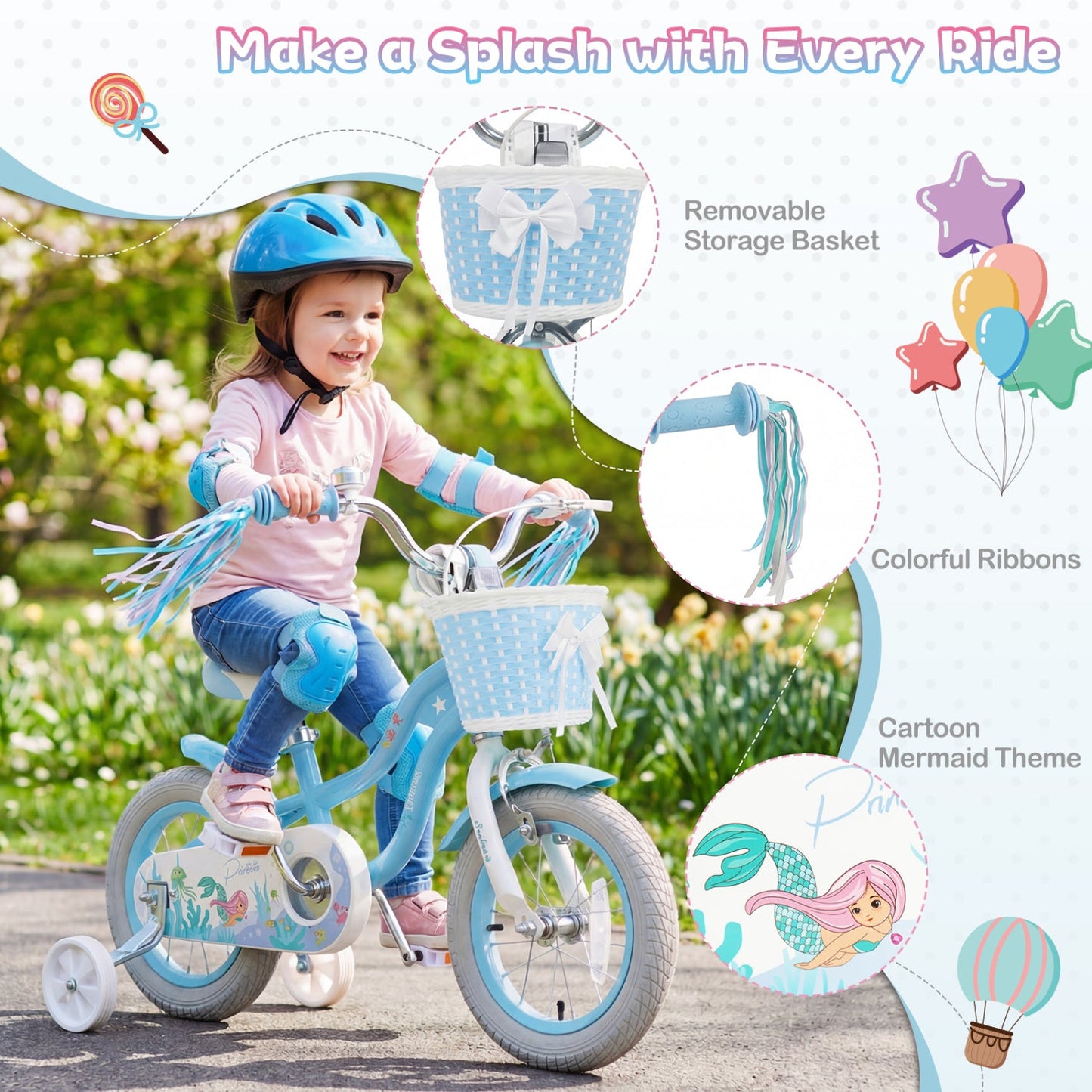 Kids Mermaid Bike 12 to 20 Training Wheels Basket