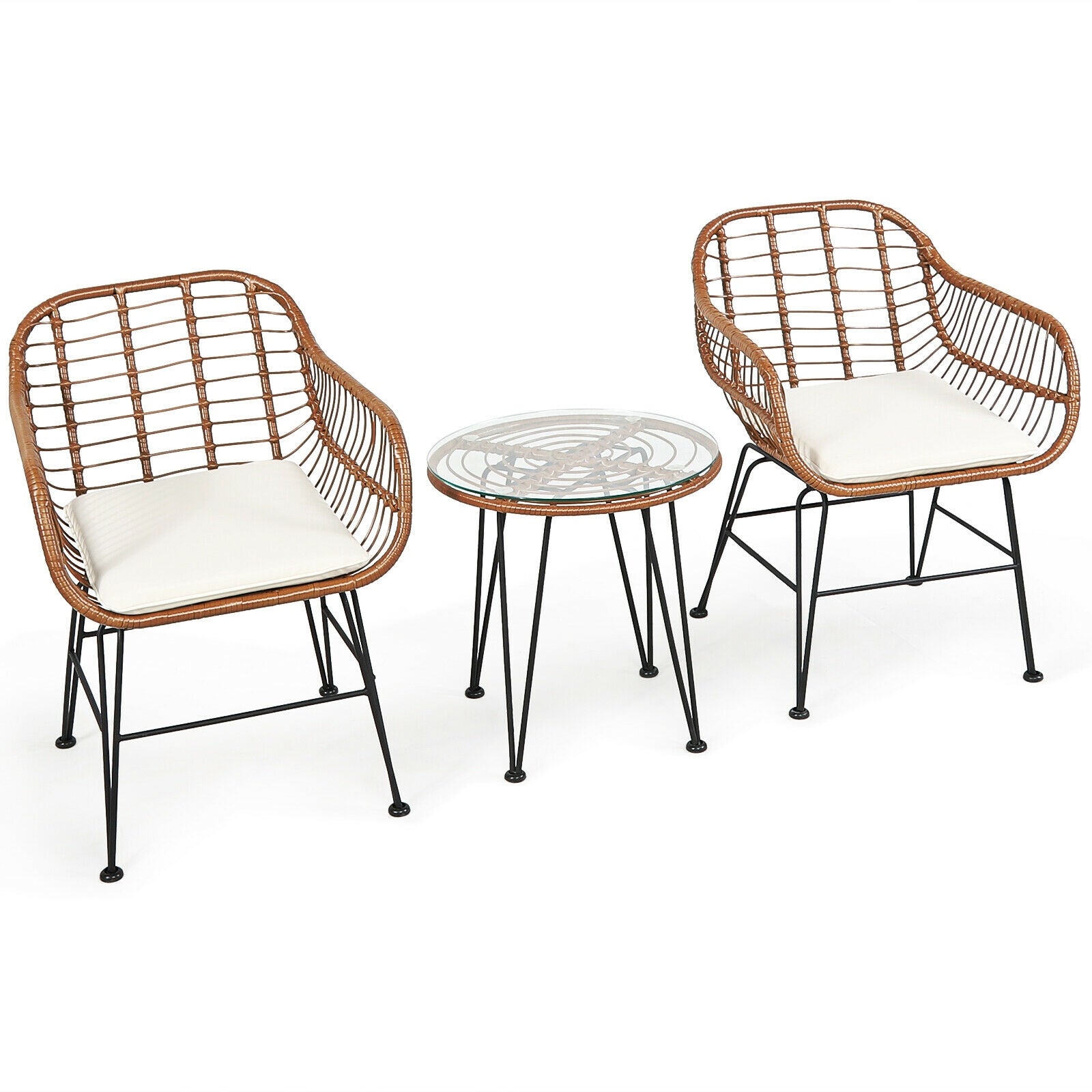 3-Piece Rattan Bistro Set with Cushions and Glass Table, DirectDeals, natural brown rattan on Tampa Home & Garden Store
