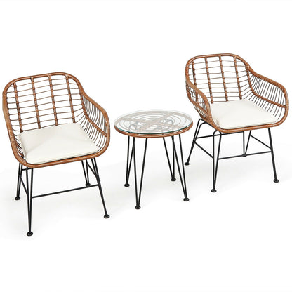 3-Piece Rattan Bistro Set with Cushions and Glass Table, DirectDeals, natural brown rattan on Tampa Home & Garden Store