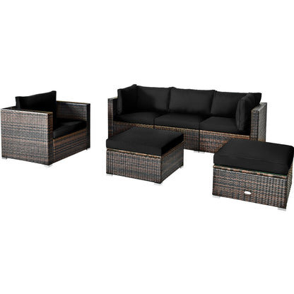 Juego de muebles de patio de ratán de 6 piezas con cojín seccional - Negro