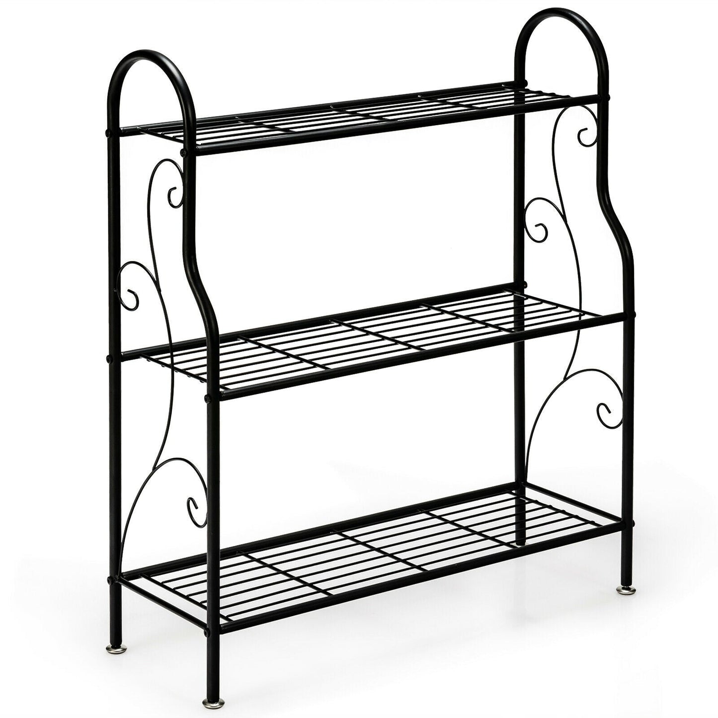 Estante de metal para plantas con diseño de pergaminos de 3 niveles - Negro