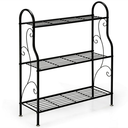 Estante de metal para plantas con diseño de pergaminos de 3 niveles - Negro