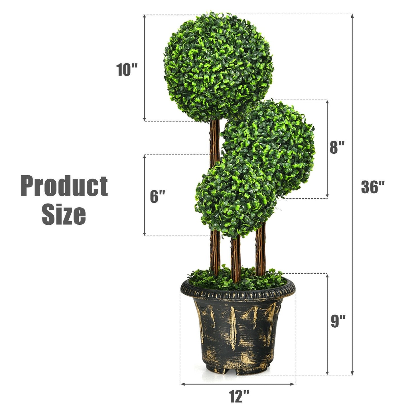 Árbol artificial de boj de triple bola de 36 pulgadas para interiores y exteriores