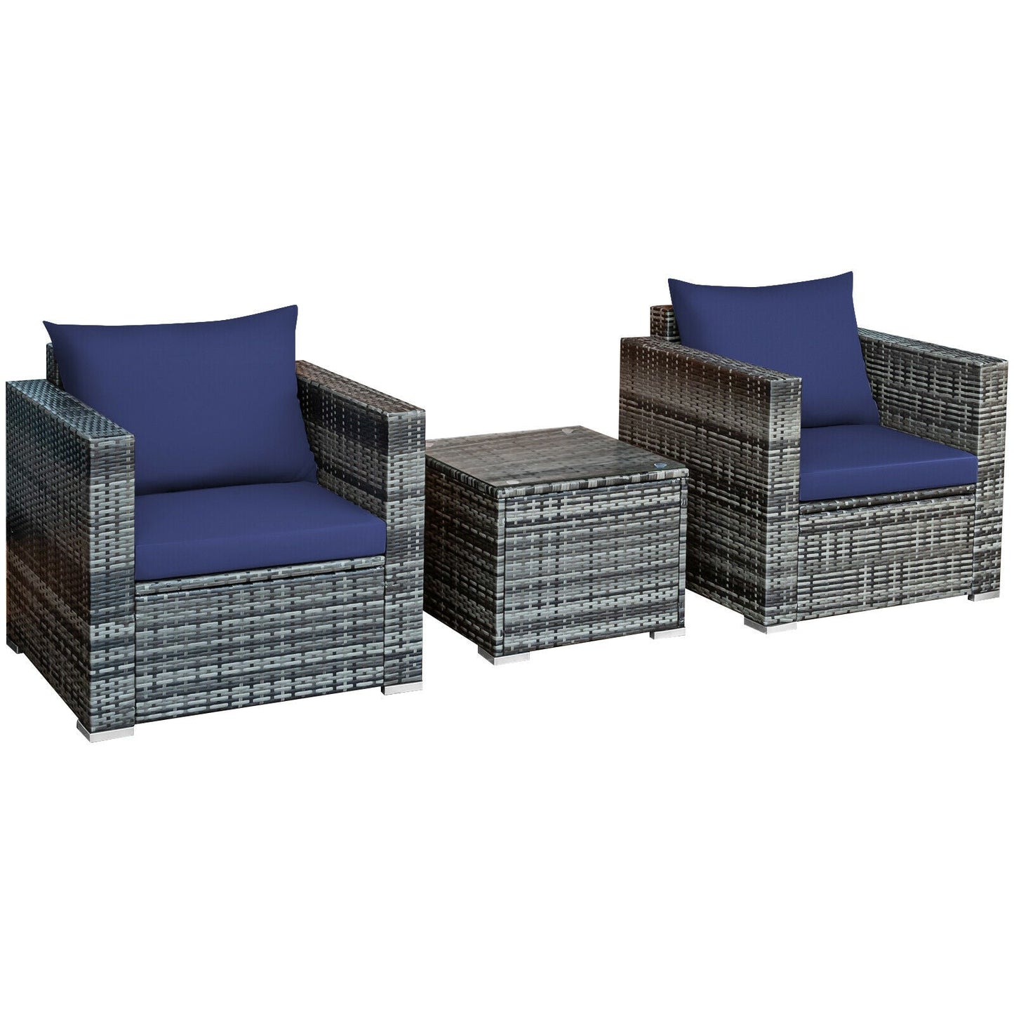 3 Pcs Patio Rattan Furniture Bistro Sofa Set with Cushioned-Gray