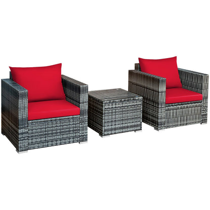 3 Pcs Patio Rattan Furniture Bistro Sofa Set with Cushioned-Gray