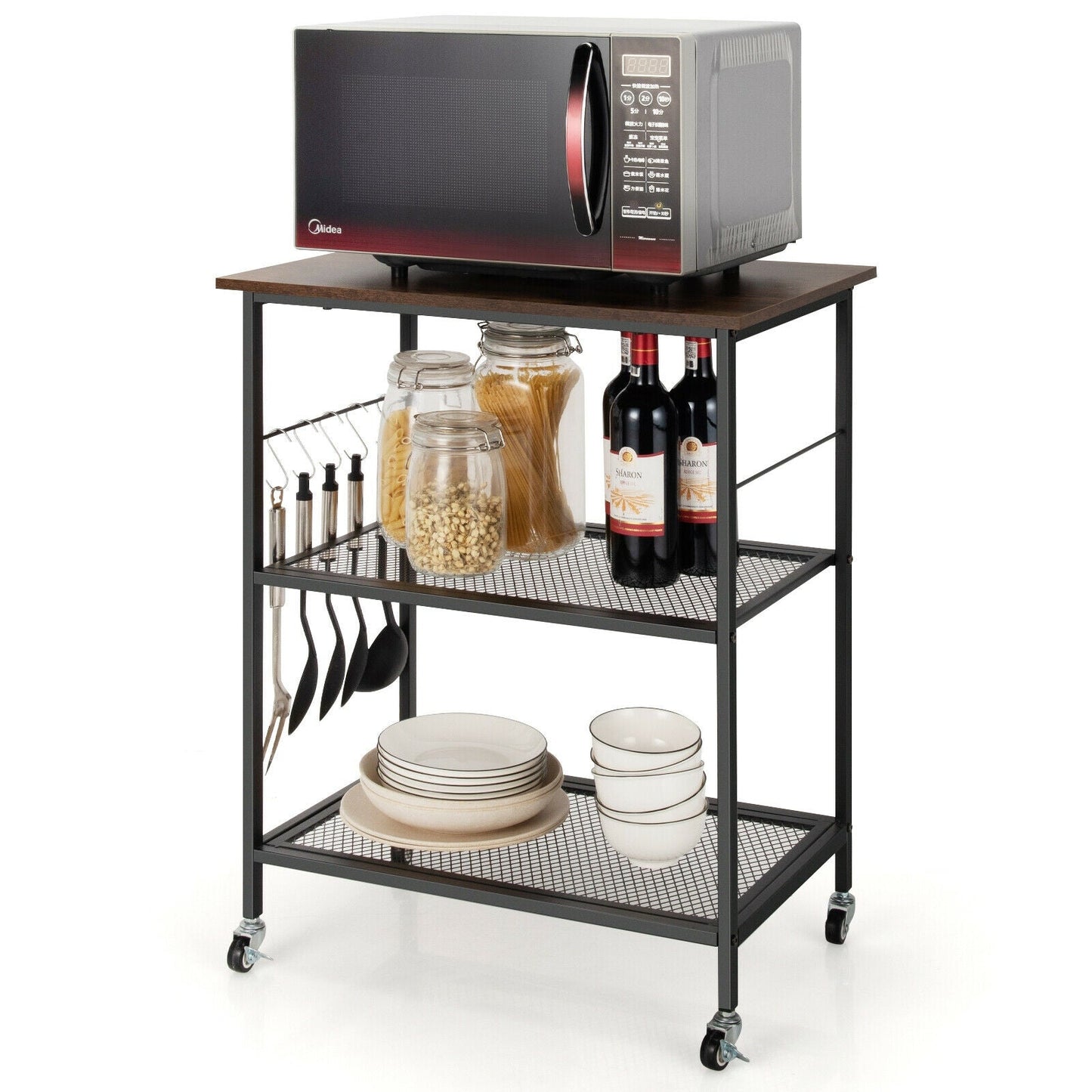 Carrito de servicio de cocina de 3 niveles, estante utilitario para microondas con ganchos, marrón
