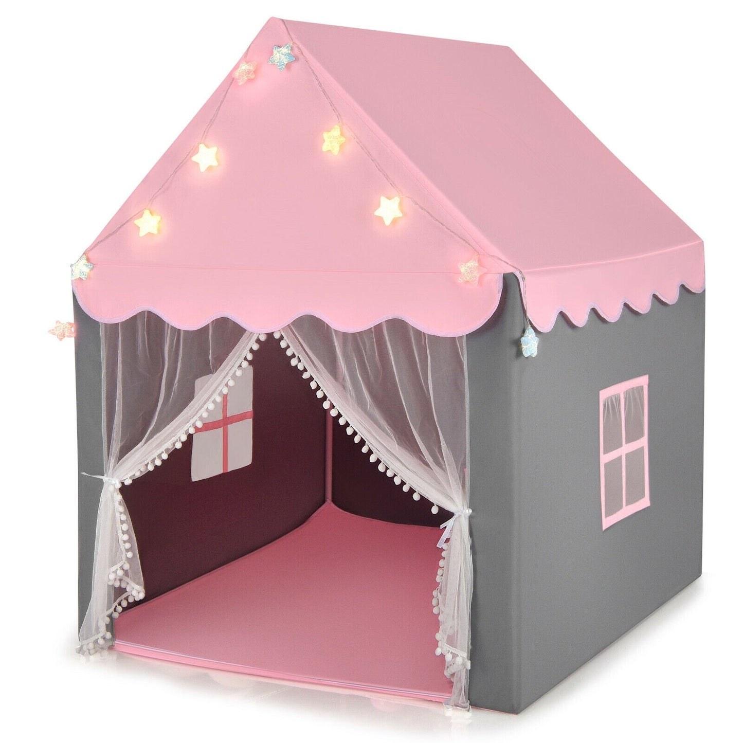 GemGear kids playhouse tent with pink roof grey walls star lights and sheer curtains on Tampa Home & Garden Store