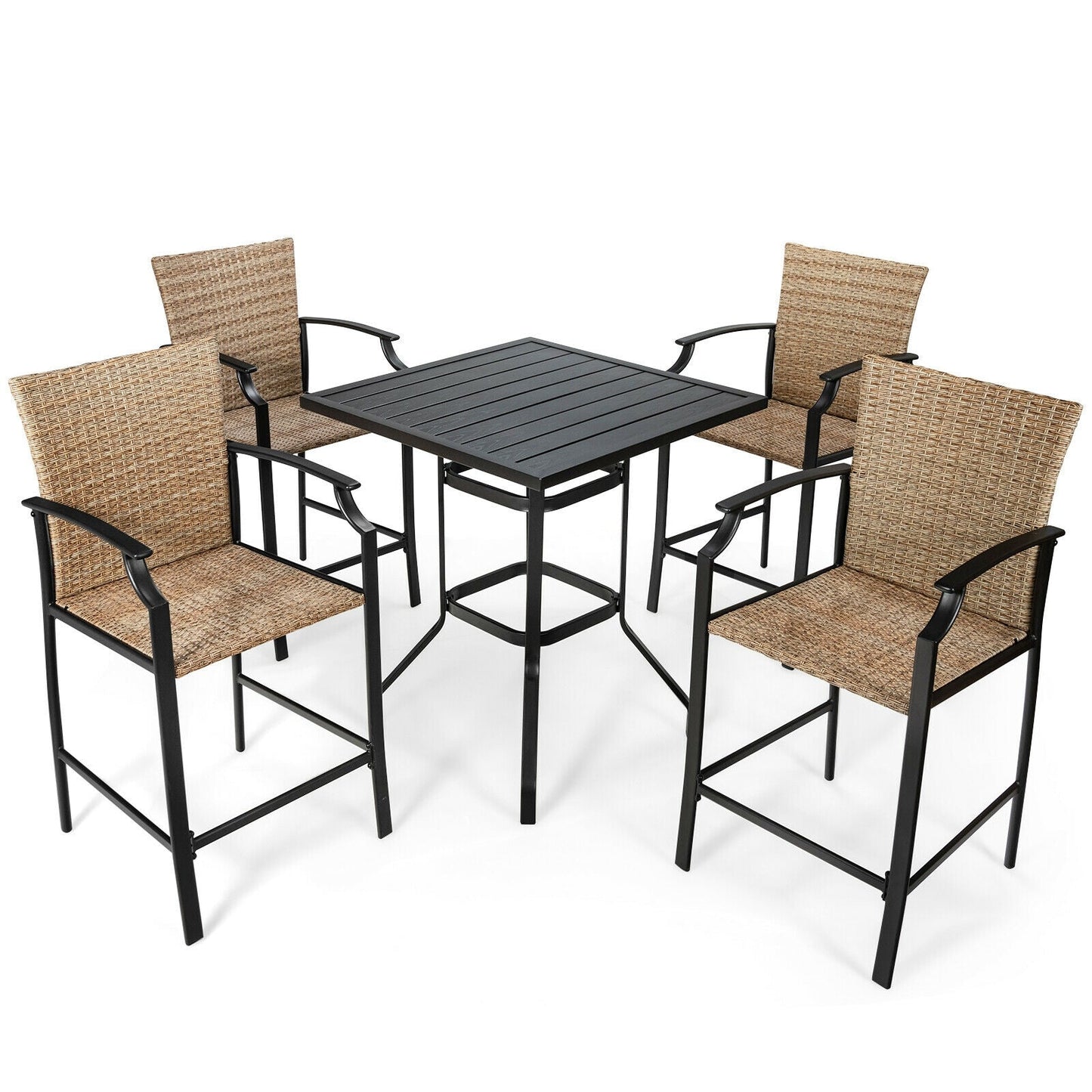 Juego de mesa de bar y taburetes de ratán para exteriores de 5 piezas con cojines