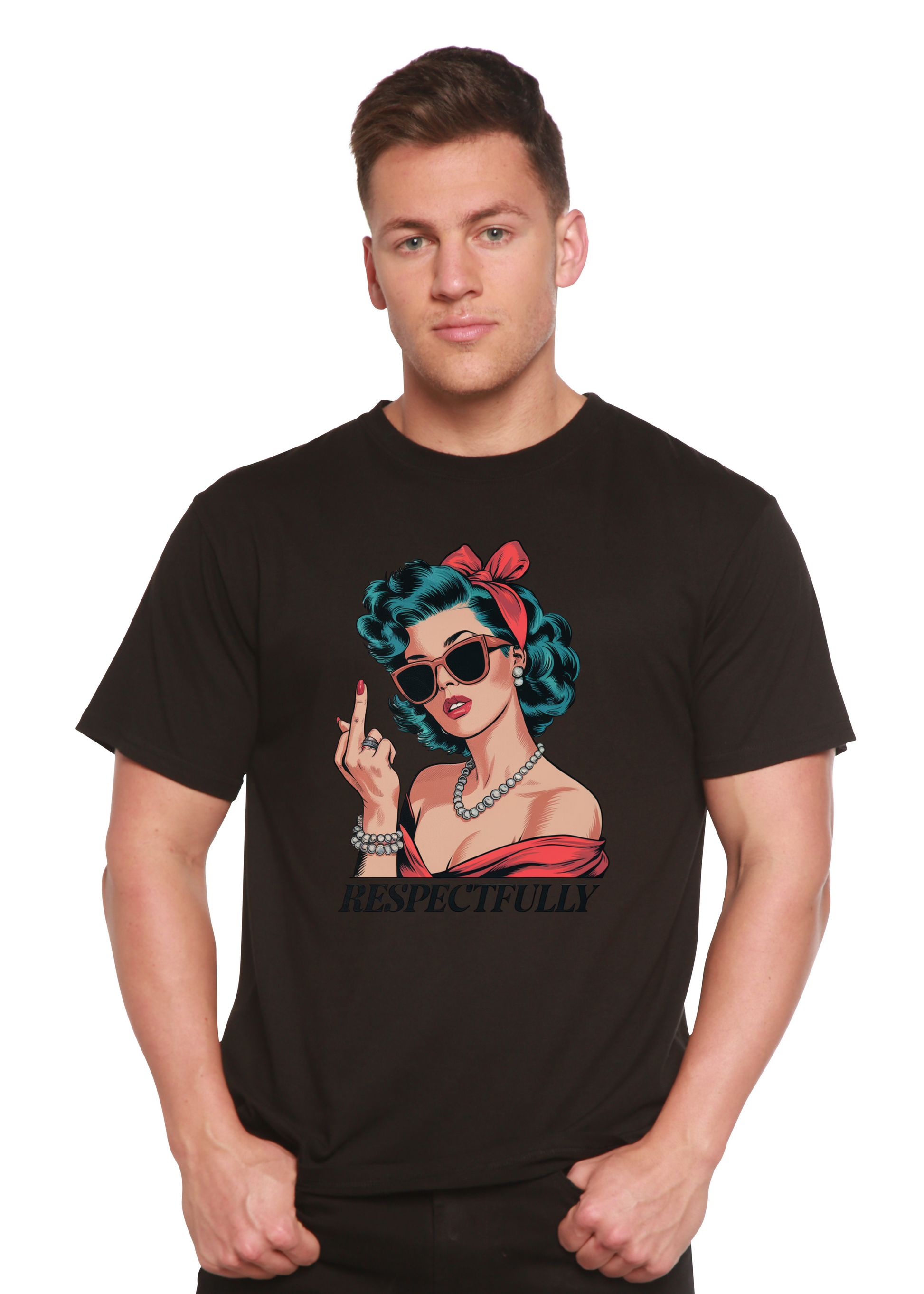 Respectfully Middle Finger unisex bamboo/cotton graphic tee black with retro woman on Tampa Home & Garden Store