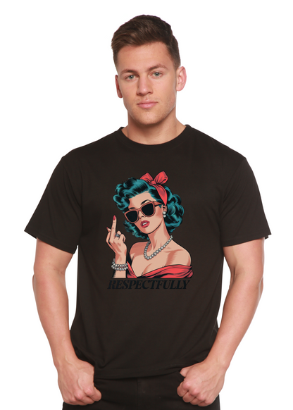 Respectfully Middle Finger unisex bamboo/cotton graphic tee black with retro woman on Tampa Home & Garden Store
