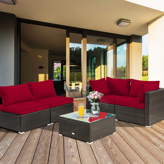 5 Pieces Cushioned Patio Rattan Furniture Set with Glass Table-Red - Tampa Home & Garden Store