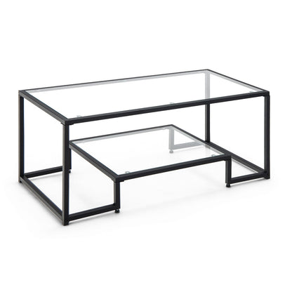 Mesa de centro rectangular moderna de 2 niveles con tapa de cristal - Dorada