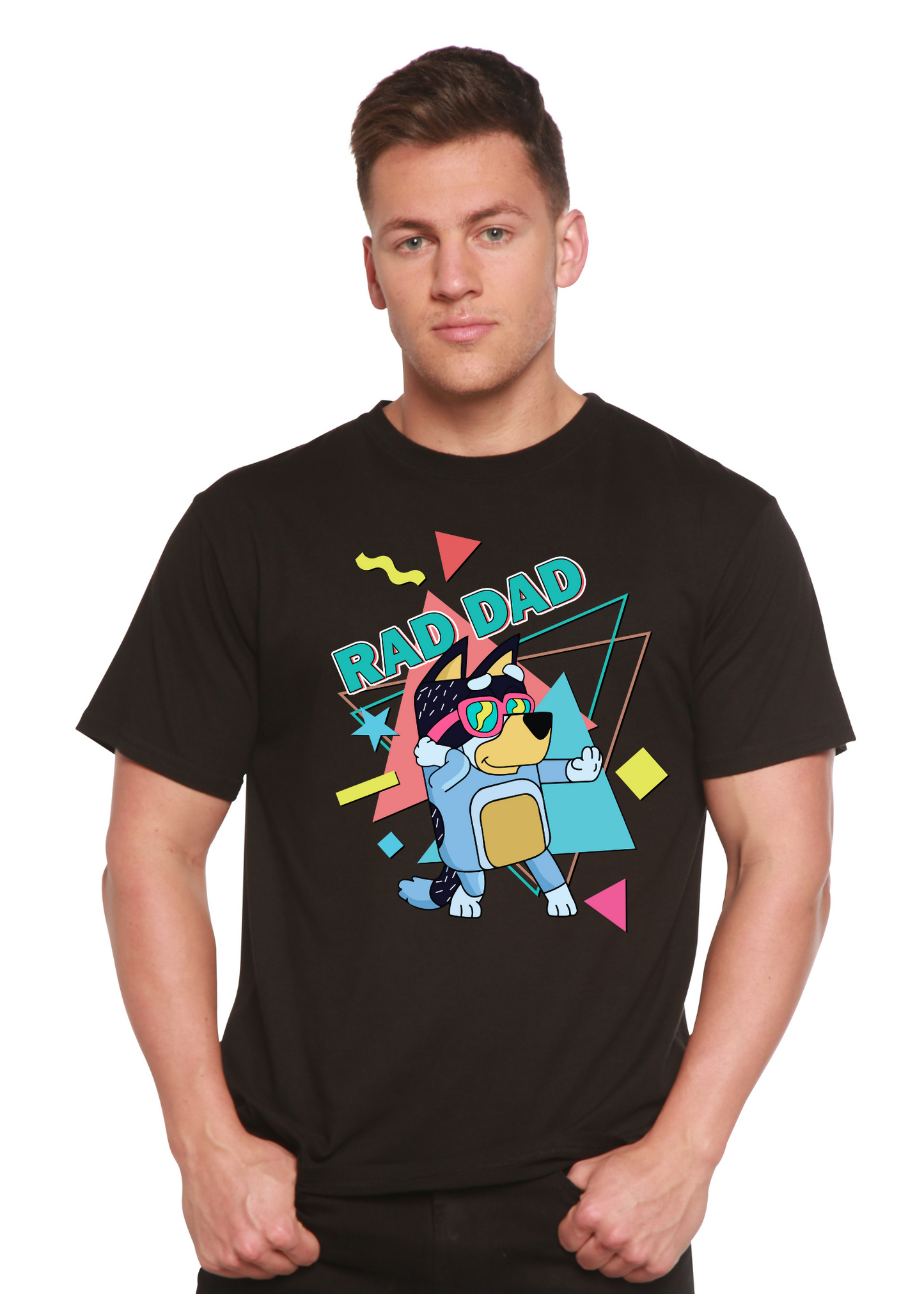 Rad Dad Bluey men's bamboo short sleeve graphic t-shirt black with colorful print on Tampa Home & Garden Store