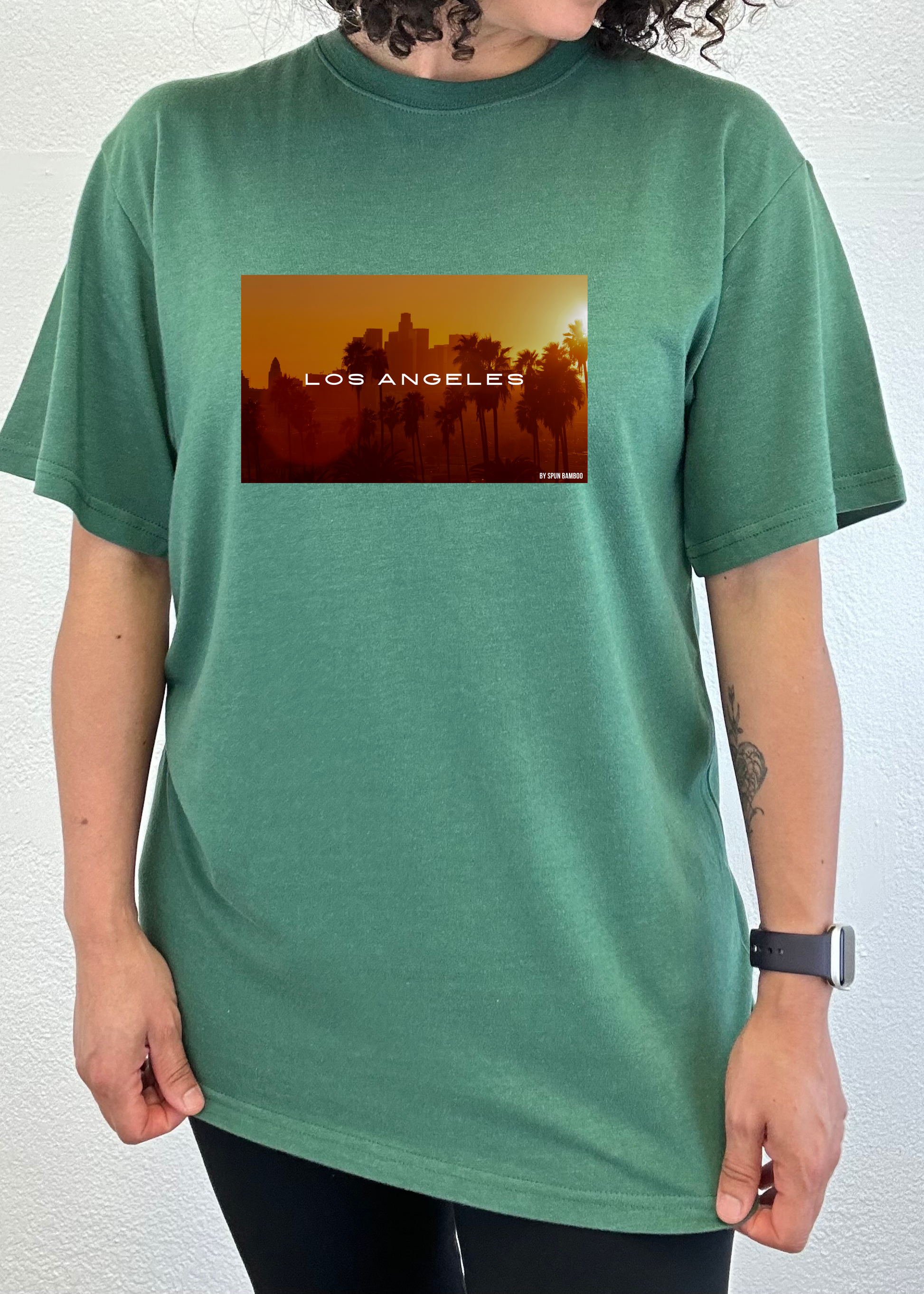 Los Angeles graphic tee, green bamboo viscose/organic cotton blend, palm trees by Spun Bamboo on Tampa Home & Garden Store