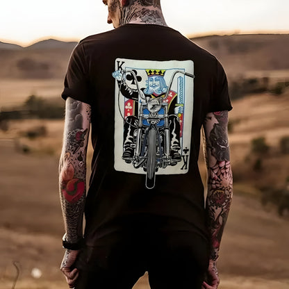 Graphic black cotton T-shirt with back print of a King riding a motorcycle by BikerZoneZ on Tampa Home & Garden Store