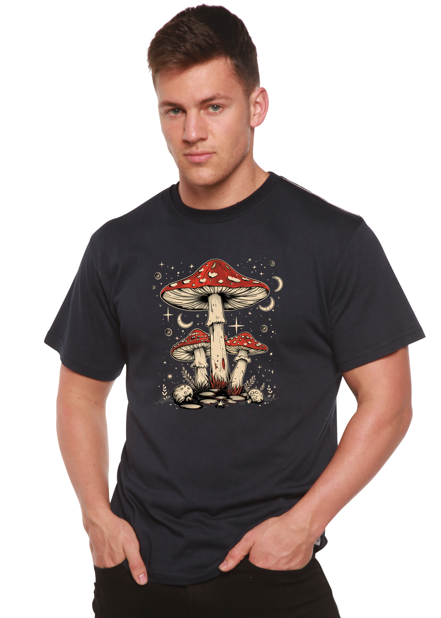 Boho Retro Hippie Mushrooms graphic T-shirt, mens printed navy tee by Spun Bamboo bamboo/cotton on Tampa Home & Garden Store