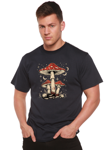 Boho Retro Hippie Mushrooms graphic T-shirt, mens printed navy tee by Spun Bamboo bamboo/cotton on Tampa Home & Garden Store