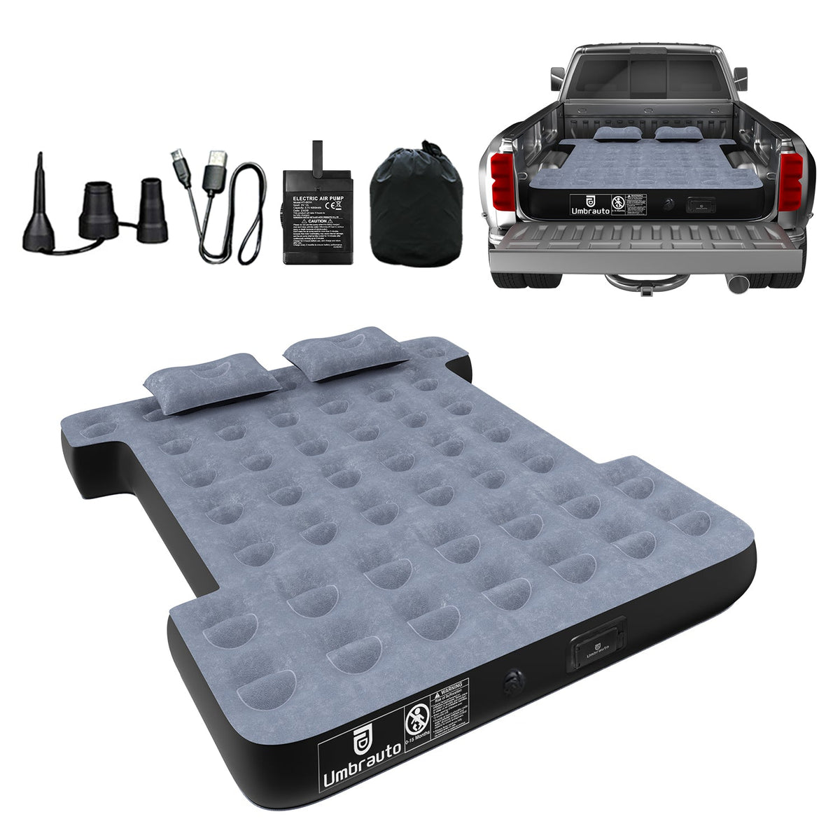 Umbrauto 5.5-5.8ft truck bed air mattress in black/grey with detachable pump and bag on Tampa Home & Garden Store
