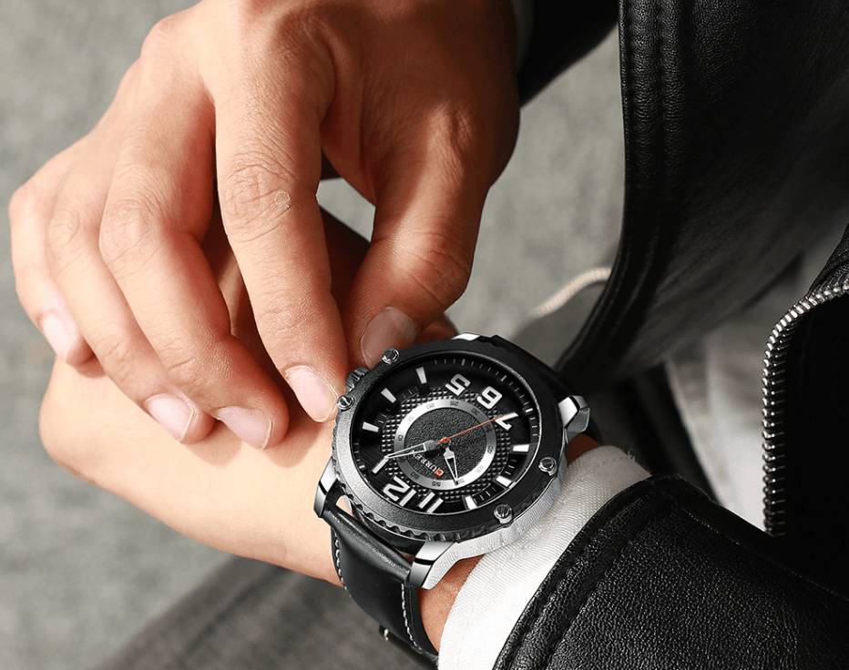 Stevvex men's waterproof sport watch with black leather strap and large numeral dial on Tampa Home & Garden Store