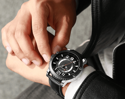 Stevvex men's waterproof sport watch with black leather strap and large numeral dial on Tampa Home & Garden Store