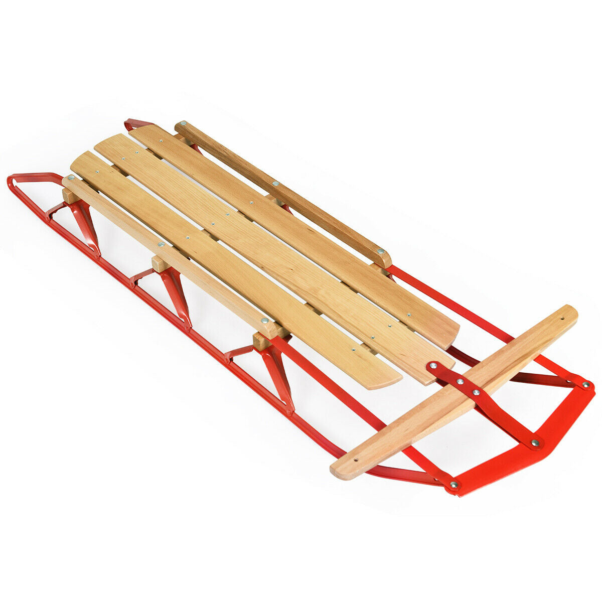 54 Inch Wood Snow Sled with metal runners and steering bar, red frame DirectDeals snow racer on Tampa Home & Garden Store