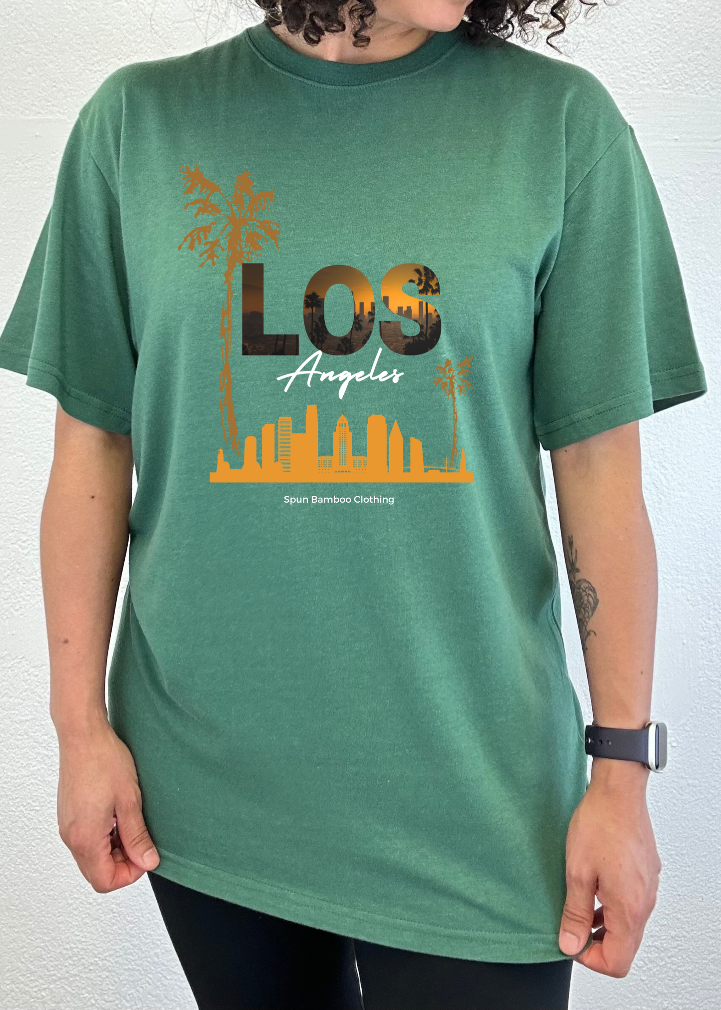 Los Angeles unisex graphic tee in green bamboo viscose with palm trees & skyline Spun Bamboo on Tampa Home & Garden Store