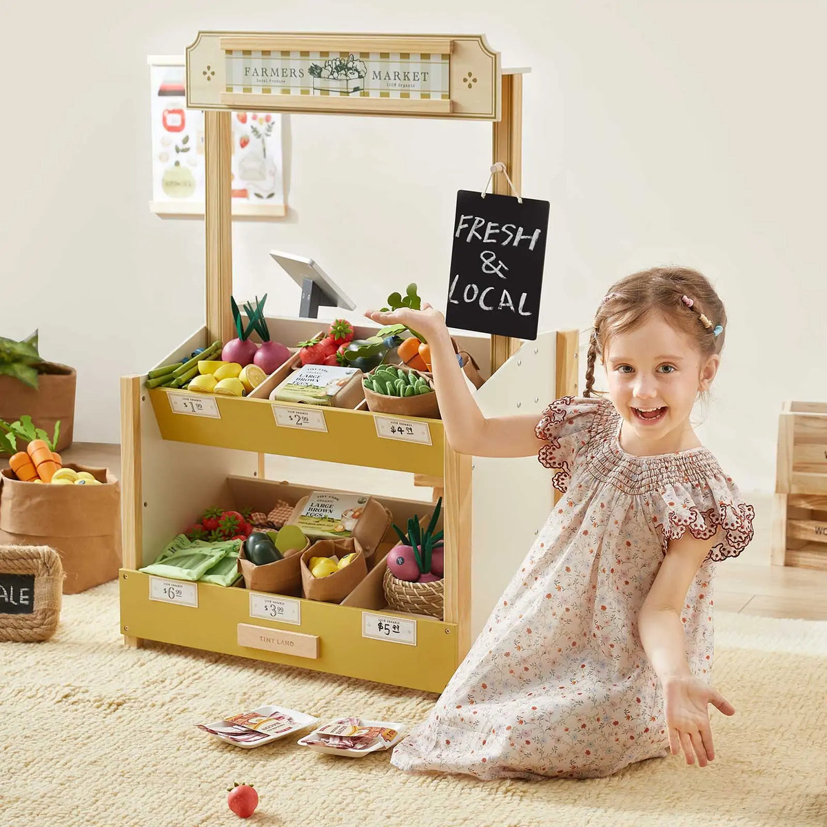 Tiny Land Kid's Grocery Store Playset wooden market stand with fresh produce on Tampa Home & Garden Store