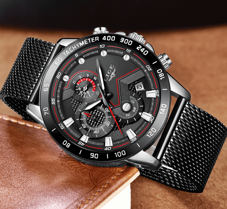 Men's sports waterproof watch Stevvex with stainless steel bracelet, black dial tachymeter bezel on Tampa Home & Garden Store
