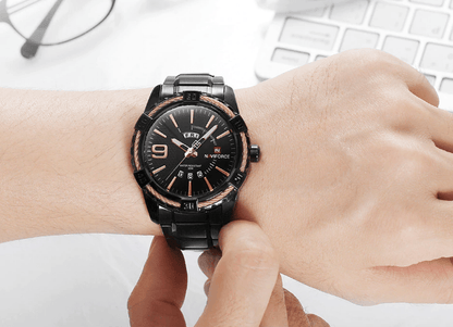 Stevvex ST1N100MK1 men's luxury stainless steel waterproof watch with day/date, black dial on Tampa Home & Garden Store