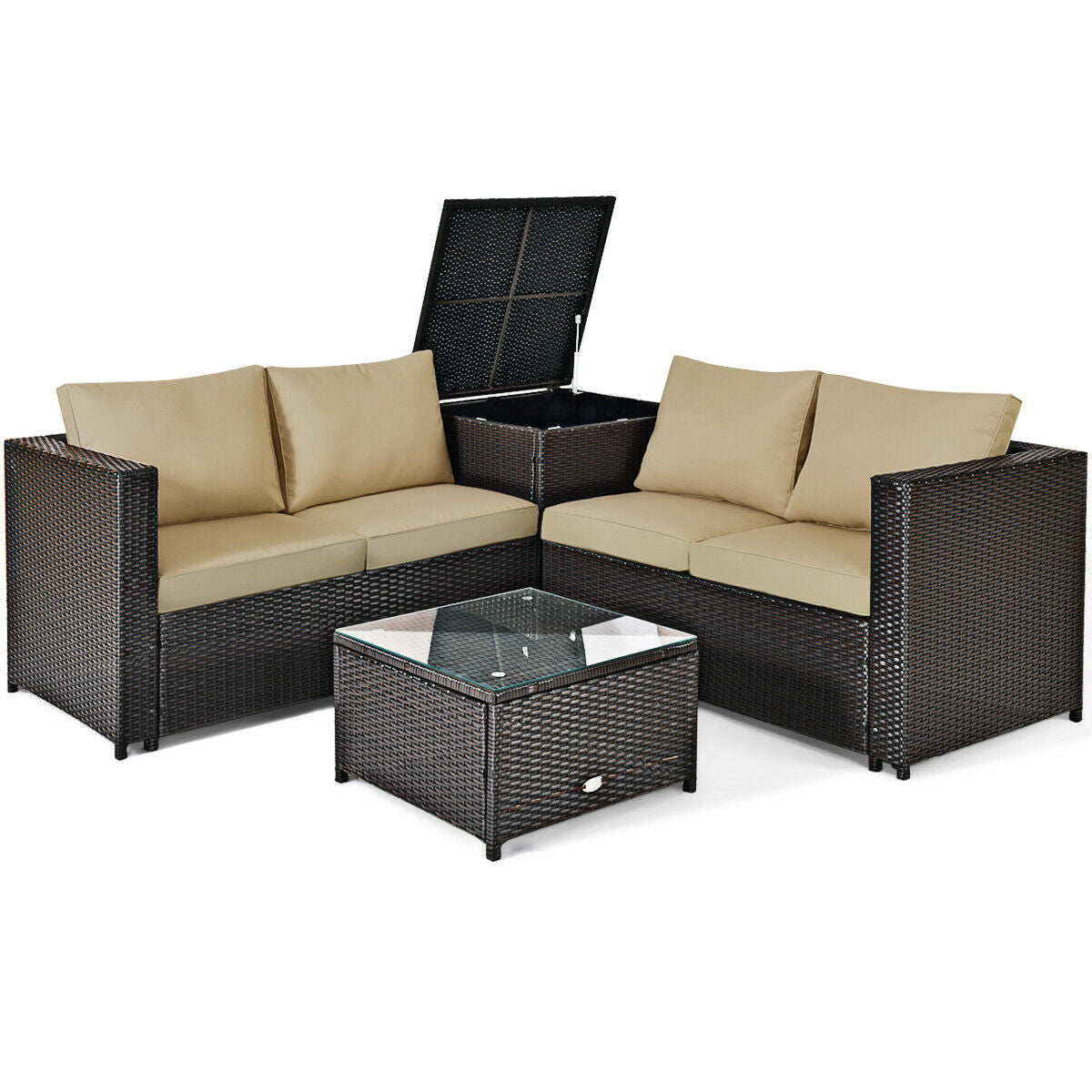 Juego de muebles de ratán para patio exterior de 4 piezas con sofá biplaza acolchado y caja de almacenamiento - Rojo