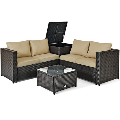 Juego de muebles de ratán para patio exterior de 4 piezas con sofá biplaza acolchado y caja de almacenamiento - Rojo