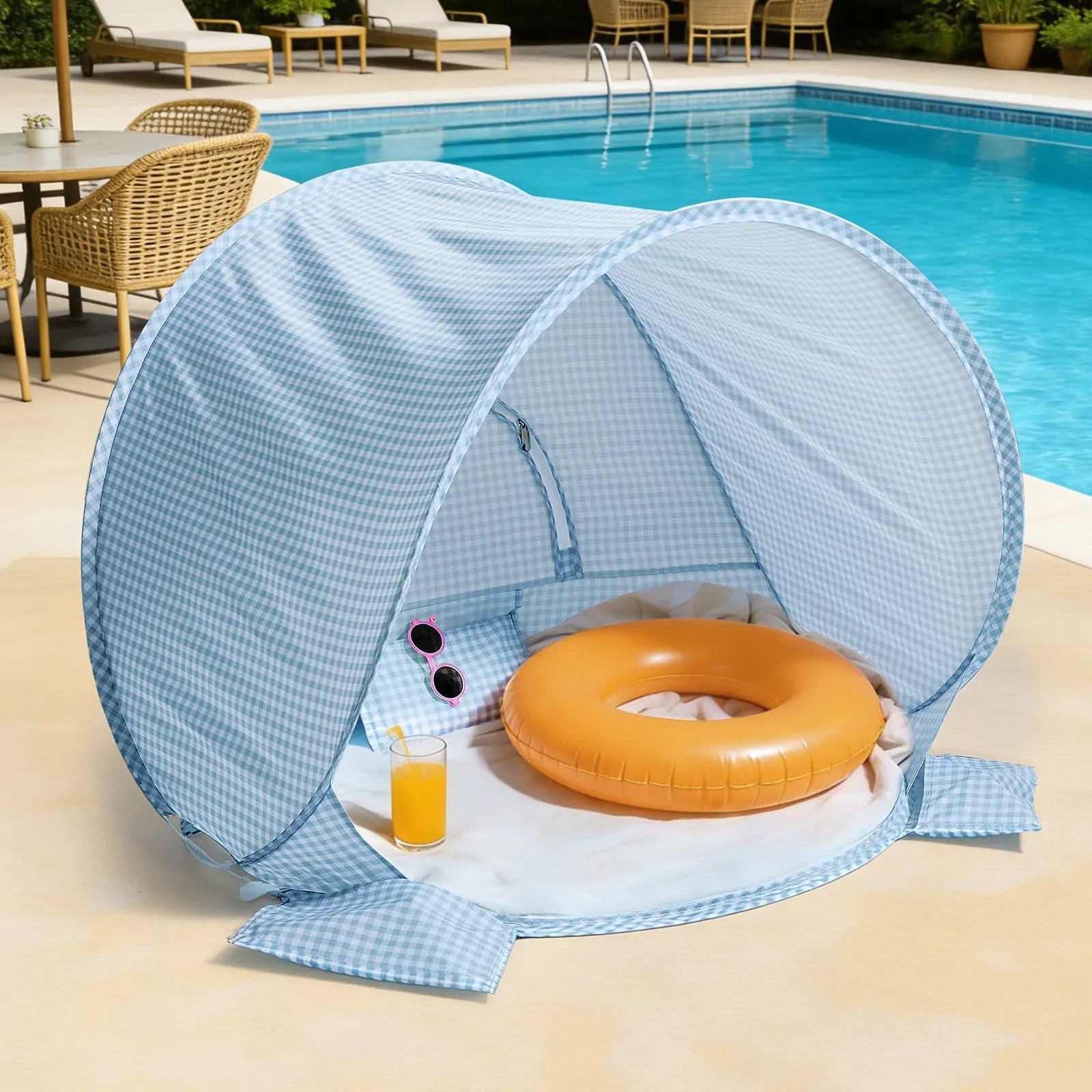 Beach Tent Tiny Land INC blue gingham pop-up with orange ring on Tampa Home & Garden Store