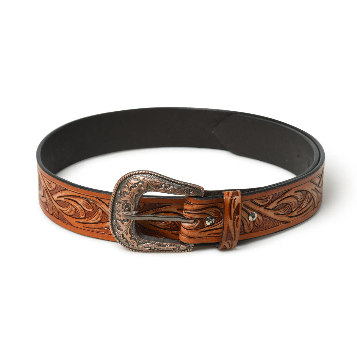 Brown western leather belt with floral tooling and metal buckle by Classy Leather Bags on Tampa Home & Garden Store