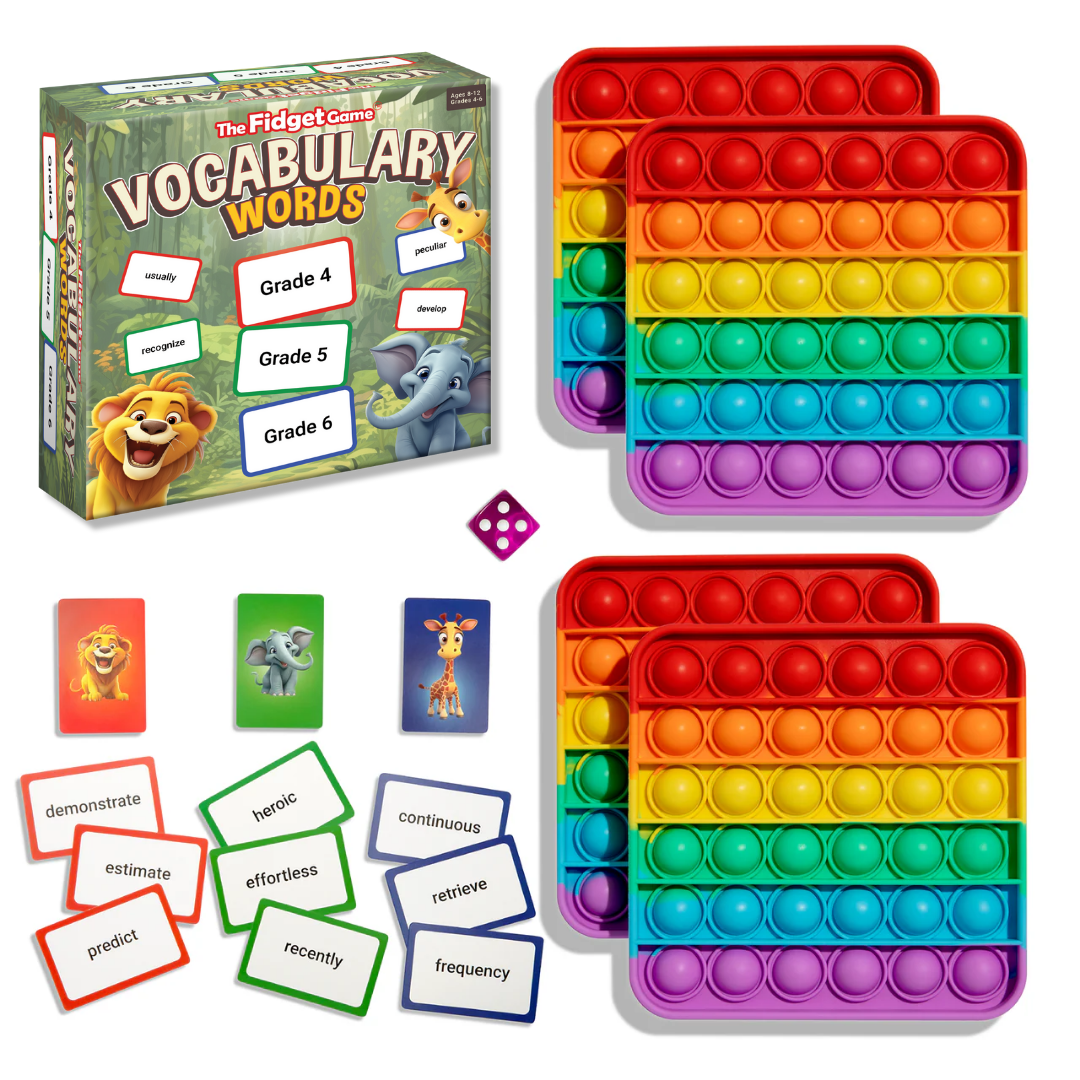 The Vocabulary Game by Fidget Games, two rainbow pop-it fidget toys, word cards and dice in box on Tampa Home & Garden Store