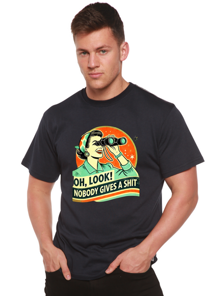 Funny Retro Woman Unisex Bamboo/Cotton T-Shirt, black tee with binoculars Spun Bamboo on Tampa Home & Garden Store