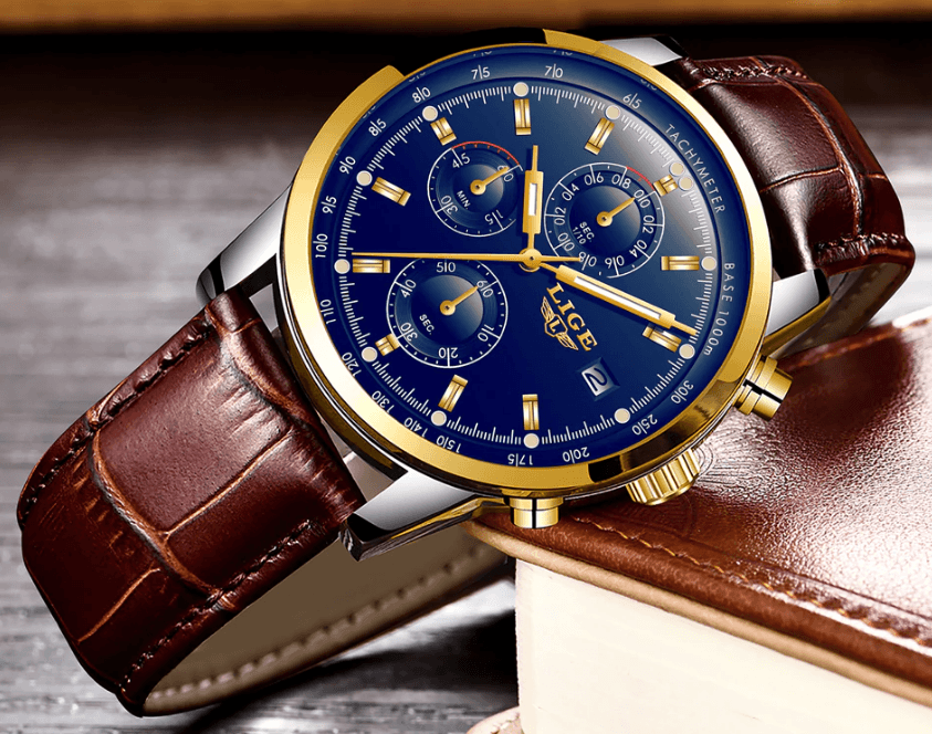 Men's Stevvex waterproof chronograph watch with blue dial and brown leather strap on Tampa Home & Garden Store