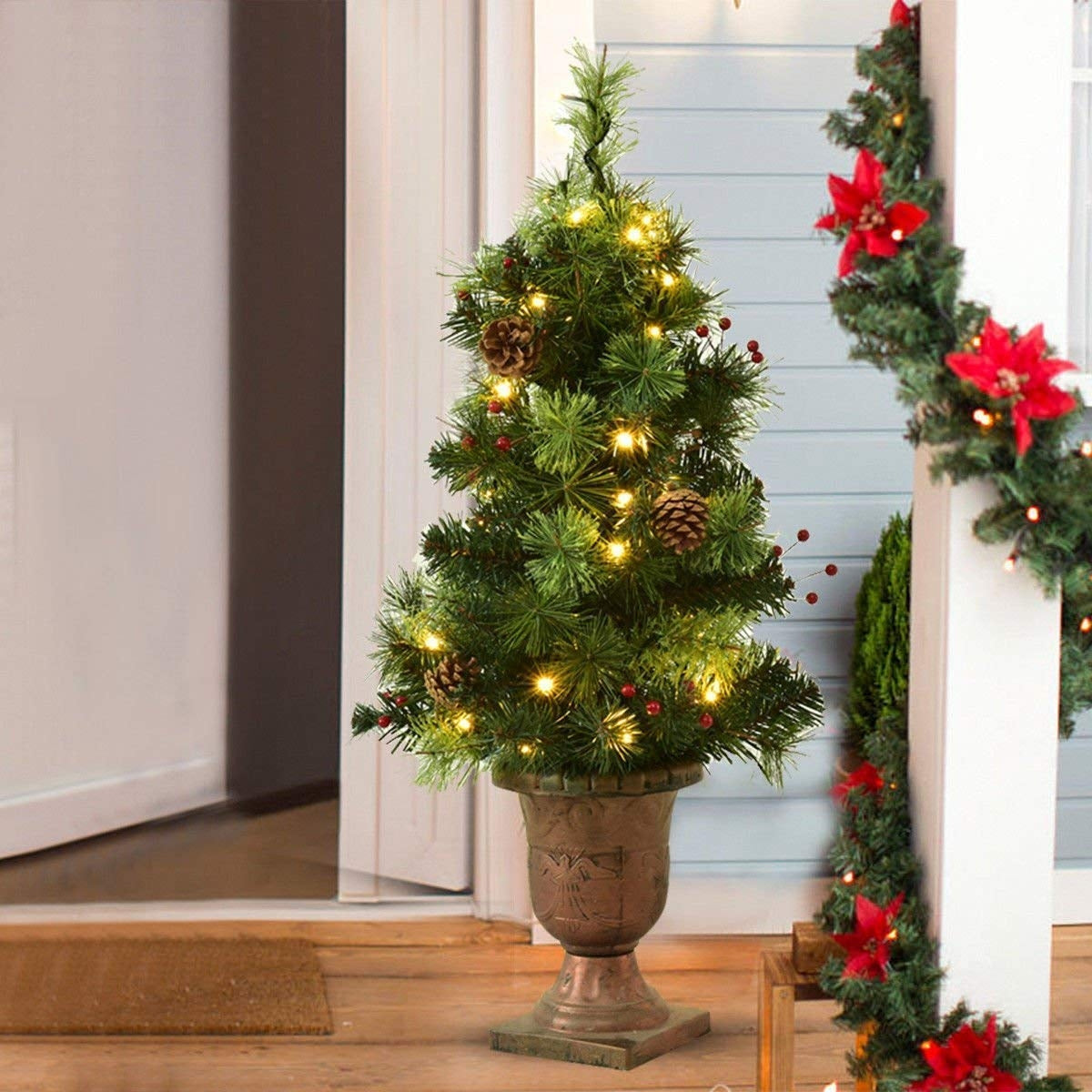 LED Christmas Tree with Red Berries Pine Cones in urn with warm lights DirectDeals on Tampa Home & Garden Store