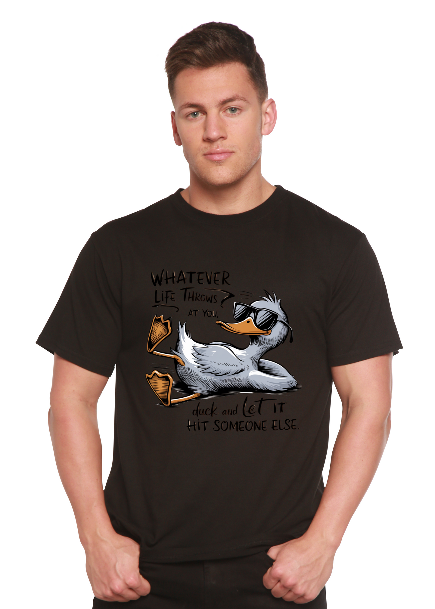 Mens black bamboo/cotton graphic tee with a duck in sunglasses and Whatever Life Throws at You on Tampa Home & Garden Store