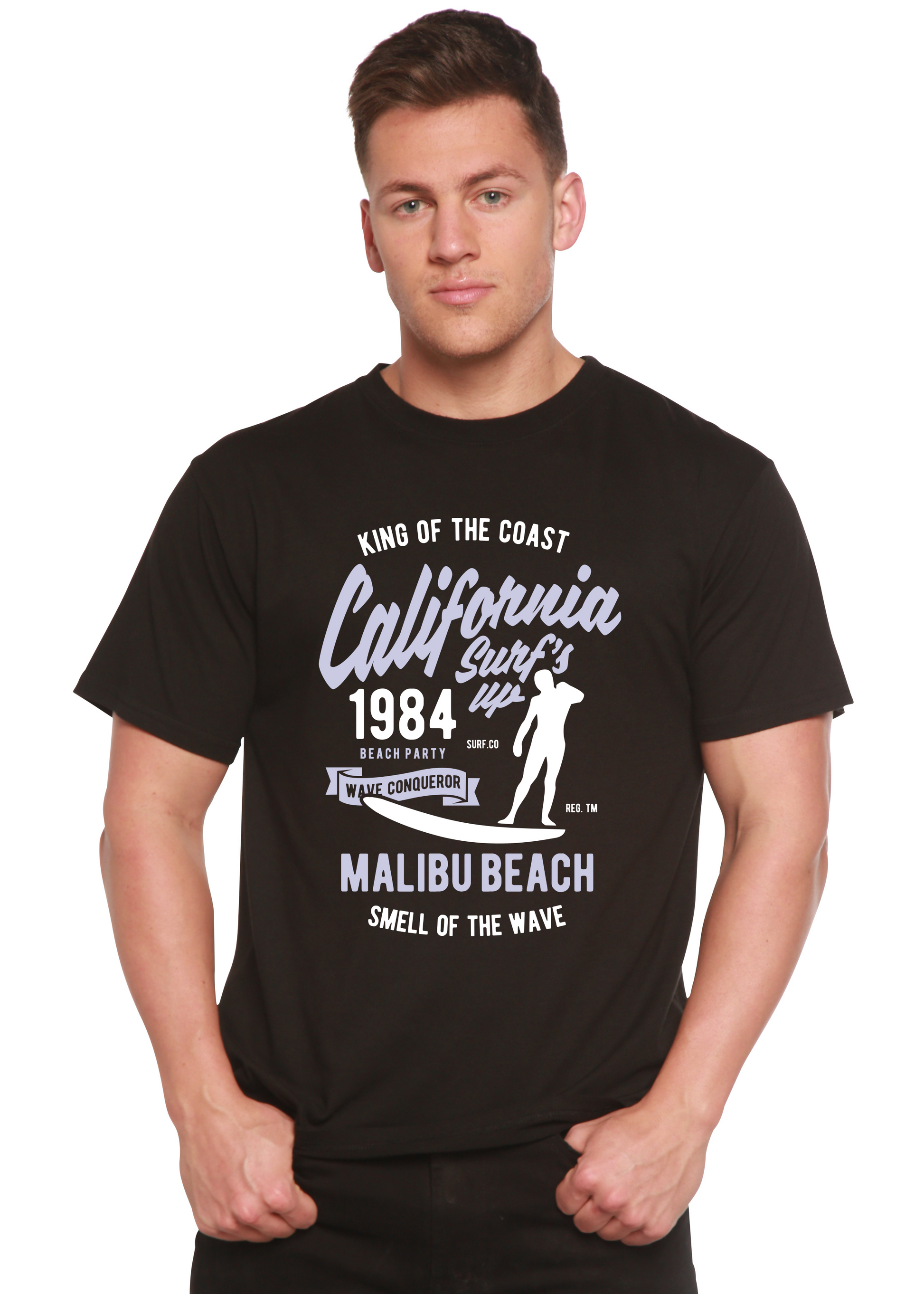 Spun Bamboo California 1984 men's black short sleeve graphic tee with lavender surf print on Tampa Home & Garden Store