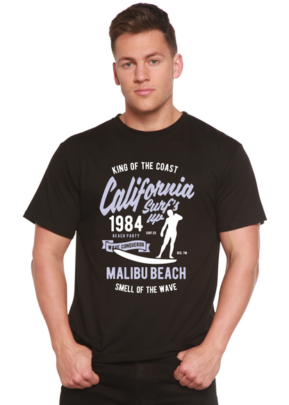 Spun Bamboo California 1984 men's black short sleeve graphic tee with lavender surf print on Tampa Home & Garden Store