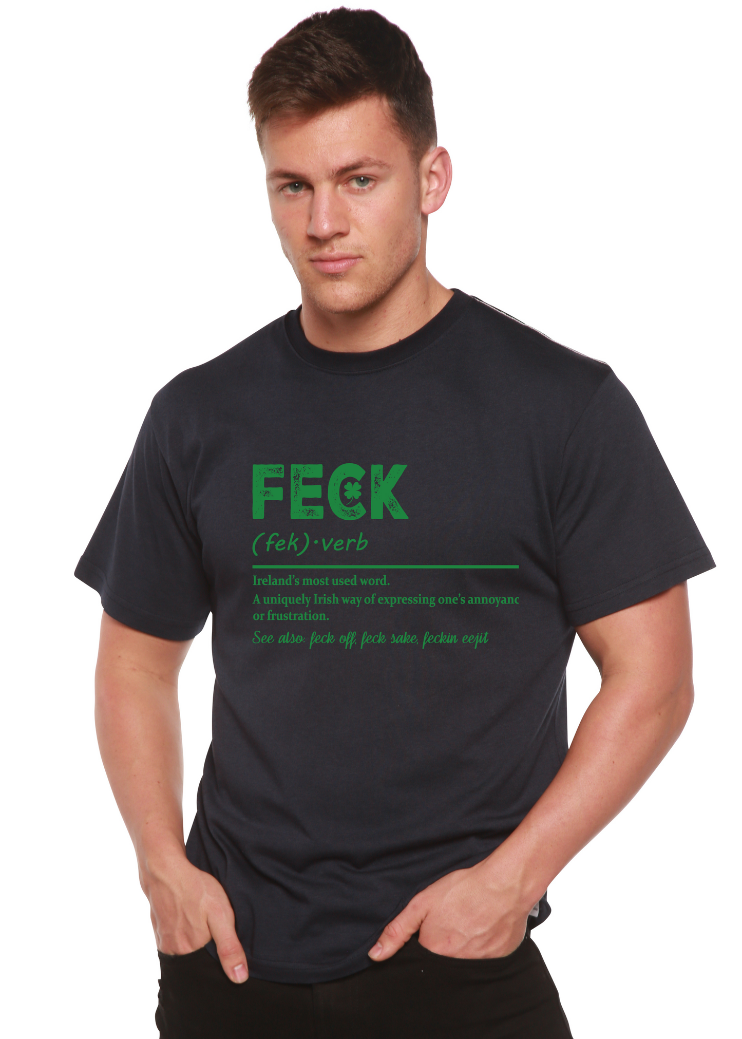 Feck Irish St Patricks Day unisex bamboo/cotton graphic T-shirt, black with green print by Spun Bamboo on Tampa Home & Garden Store