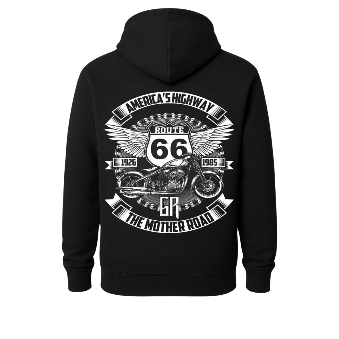 Motorcycle Rider Hoodie in black with bold white Route 66 wings and motorcycle back graphic on Tampa Home & Garden Store