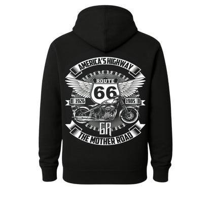 Motorcycle Rider Hoodie in black with bold white Route 66 wings and motorcycle back graphic on Tampa Home & Garden Store