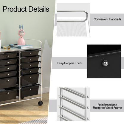 Carrito rodante de 12 cajones para almacenamiento, organizador de papel para álbum de recortes, contenedores - Negro