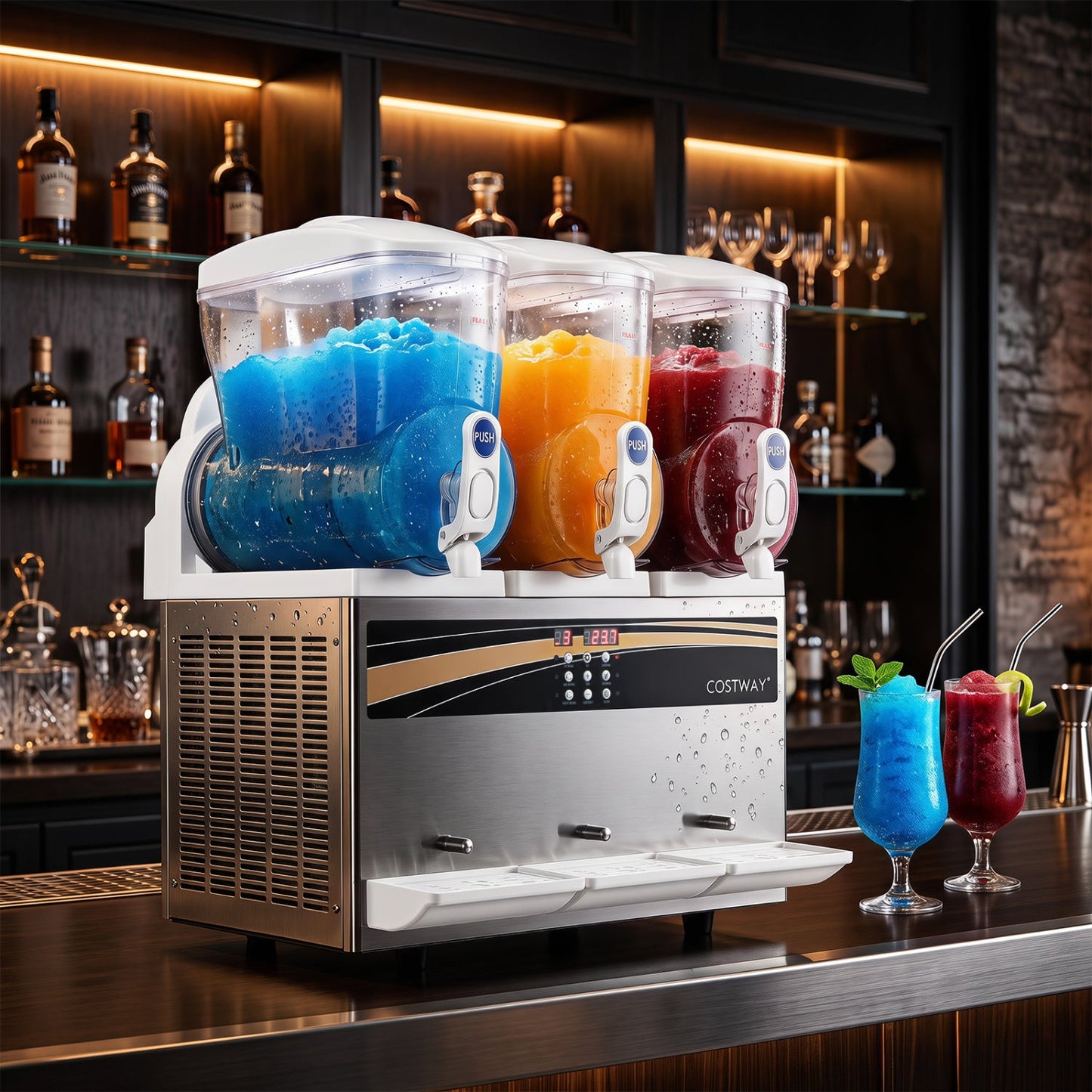 Commercial Slushy Dispenser with 3 clear tanks blue, orange, red on stainless steel COSTWAY on Tampa Home & Garden Store