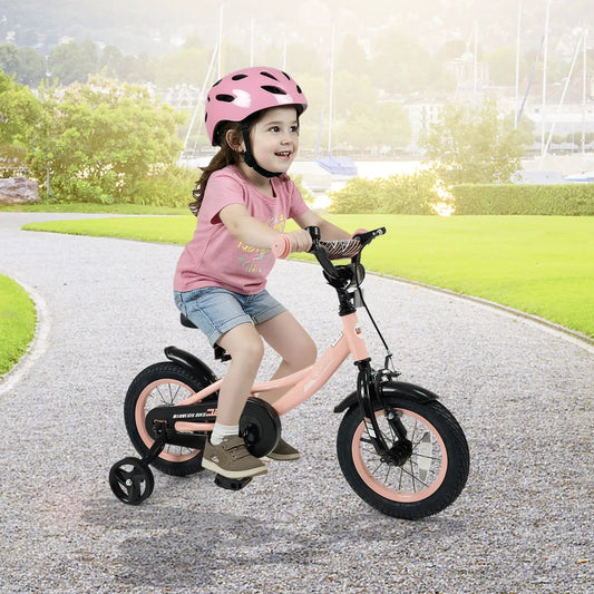Kids Bike 12-18 inch pink DirectDeals with training wheels, girl rider on a paved path on Tampa Home & Garden Store