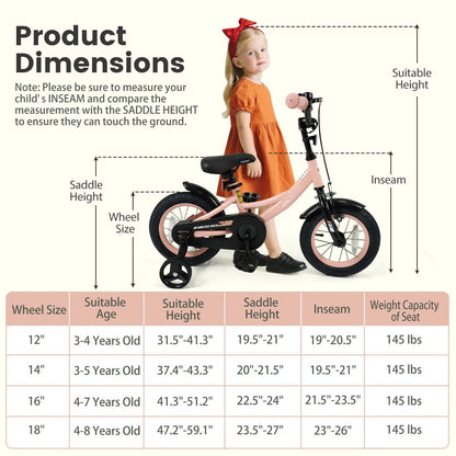 Kids Bike 12-18 Inch With Training Wheels Pink