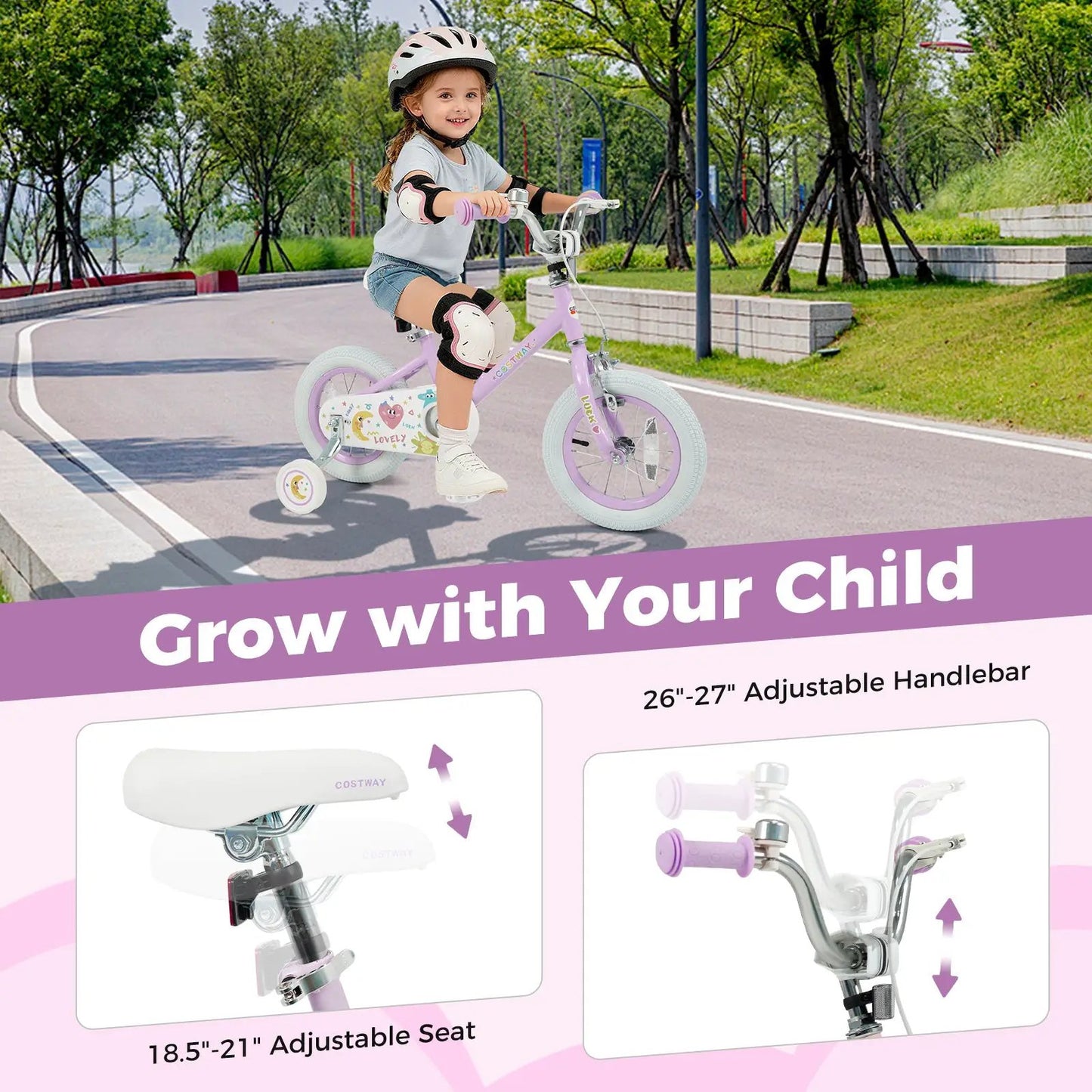 Kids Bike 12 18 Inch with Training Wheels Purple